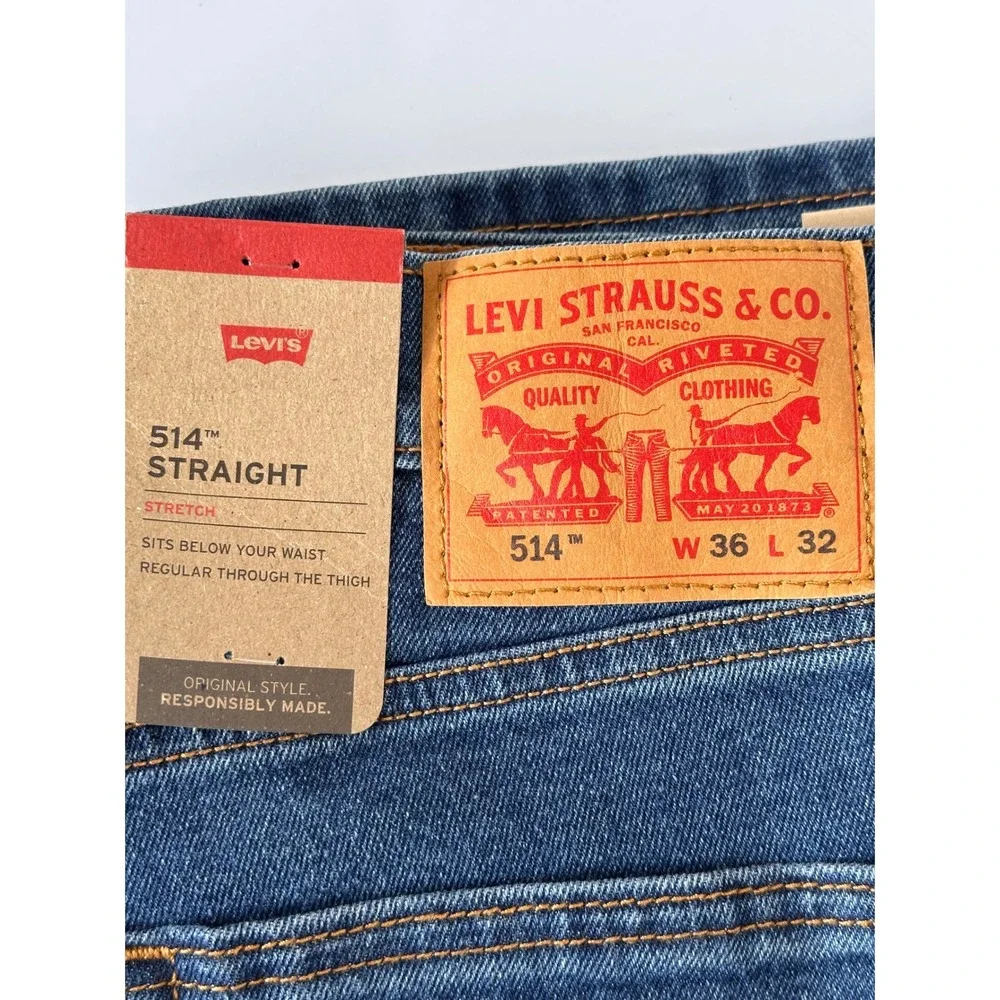 Levis 514 Straight Fit Denim Jeans Mens W36 L32 Stretch Blue - Picture 2 of 5